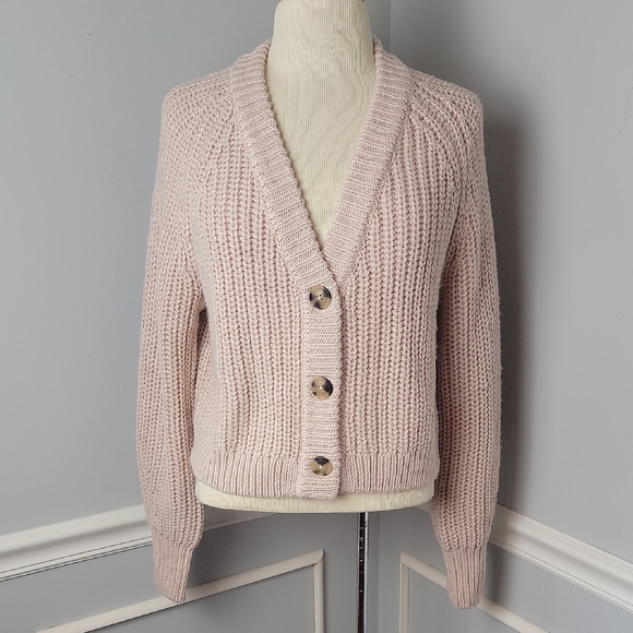 GARAGE Blush Cream V-Neck Cable Knit Oversized Grandpa Style Cardigan Sweater S - Picture 1 of 11